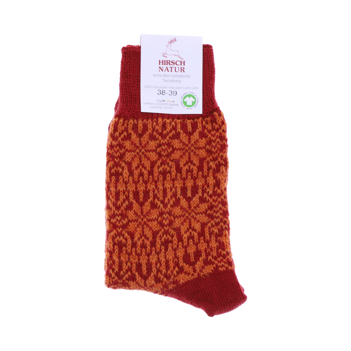 Hirsch Natur | Norweger Socken | Hummer-Orange | Sternenmuster | 100% Schurwolle