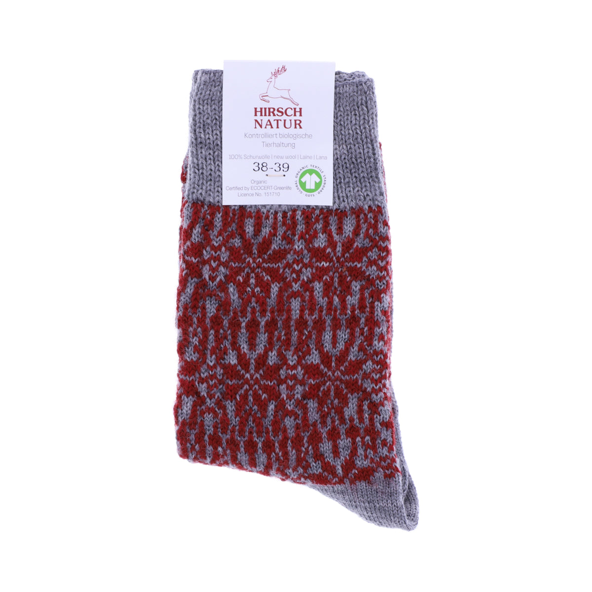 Hirsch Natur | Norweger Socken | Grau-Mohn | Sternenmuster | 100% Schurwolle