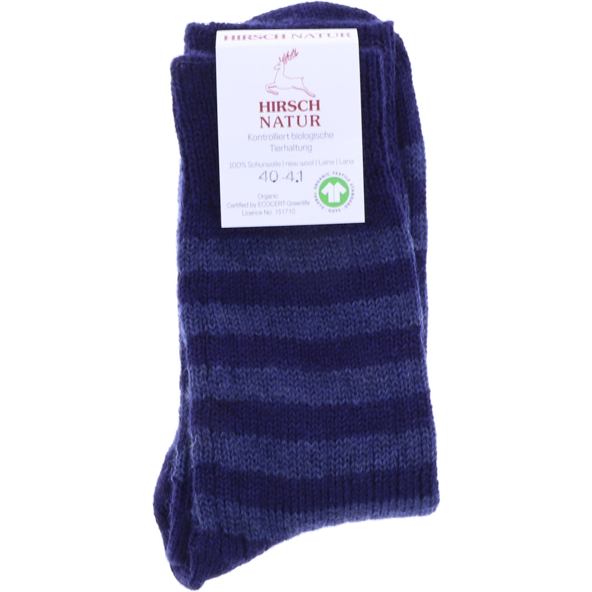Hirsch Natur | Ringel-Socken | Marine-Jeans | 100% Schurwolle