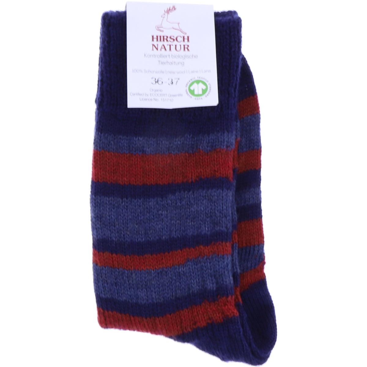 Hirsch Natur | Ringelstrumpf | Marine-Jeans-Mohn | 100% Schurwolle