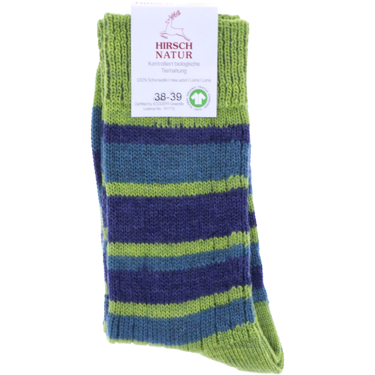 Hirsch Natur | Ringelstrumpf | Maigrün-Jeans-Petrol | 100% Schurwolle
