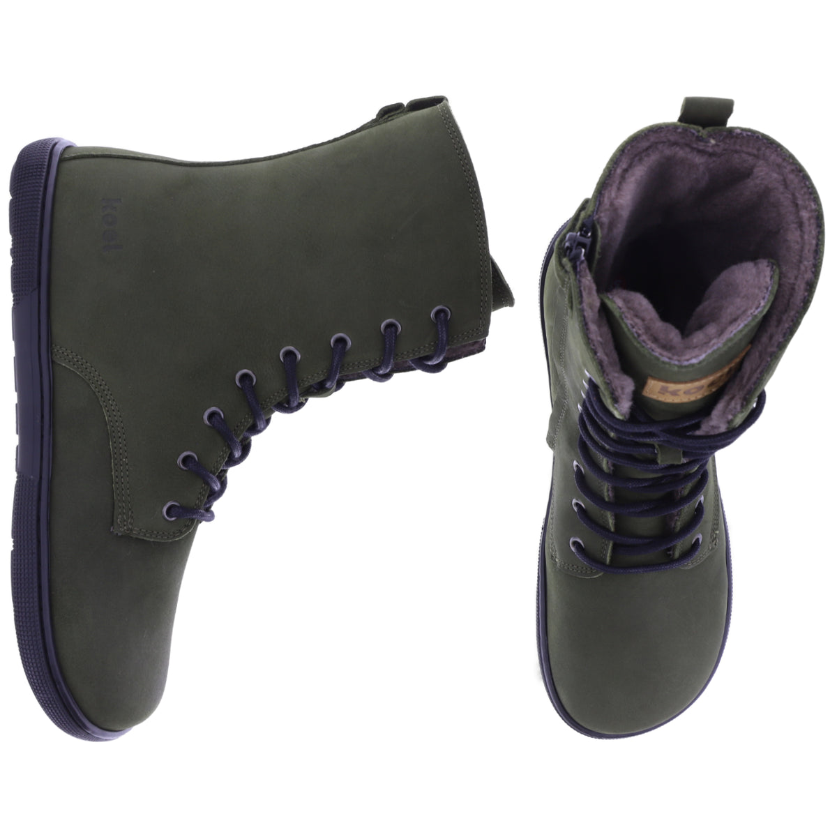 Koel | Faro | Khaki | Hydroleder mit Lammfellfutter | Damen Barfußstiefel