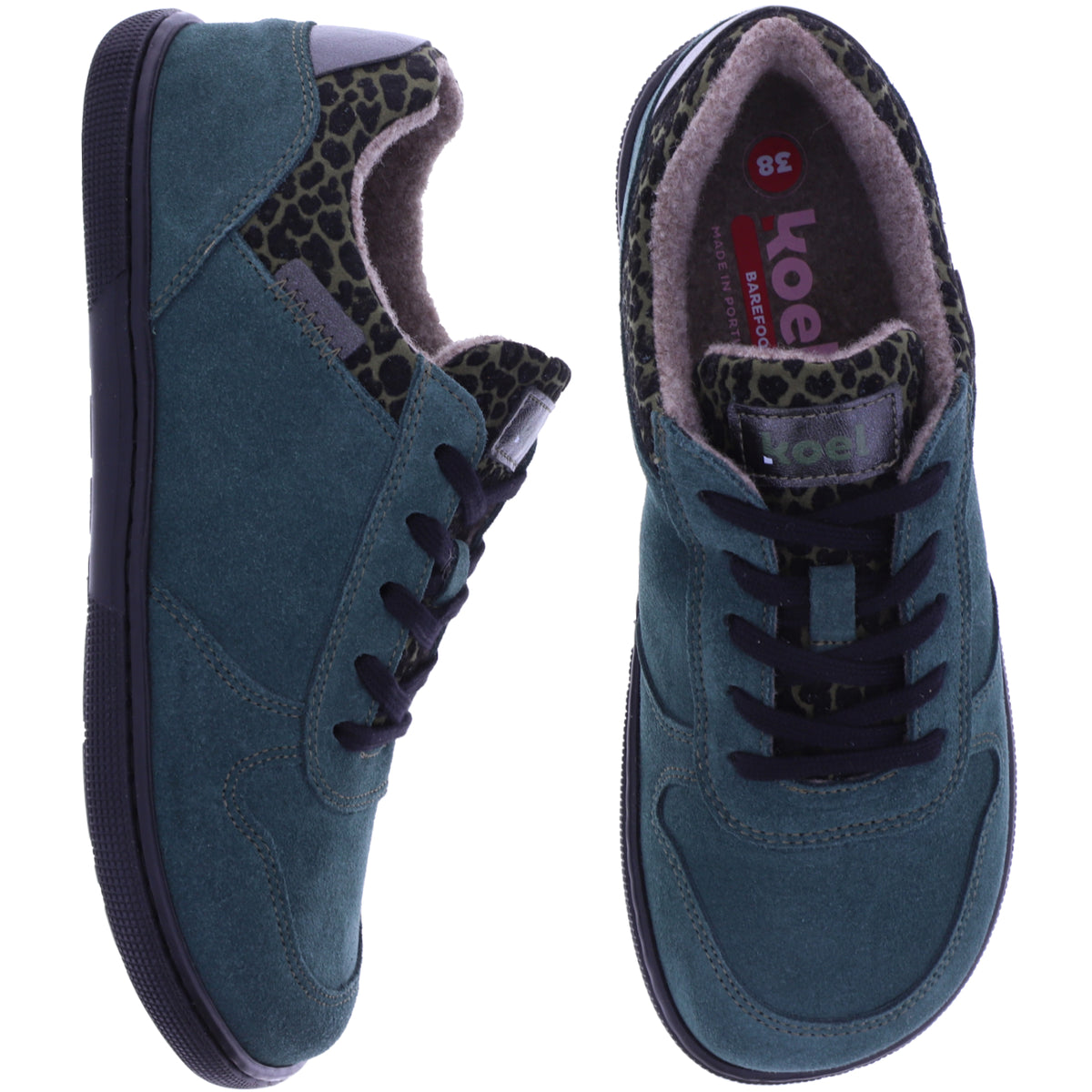 Koel | Francie | Waldgrün-Leo | Veloursleder-Wollfutter | Damen Barfußschuhe