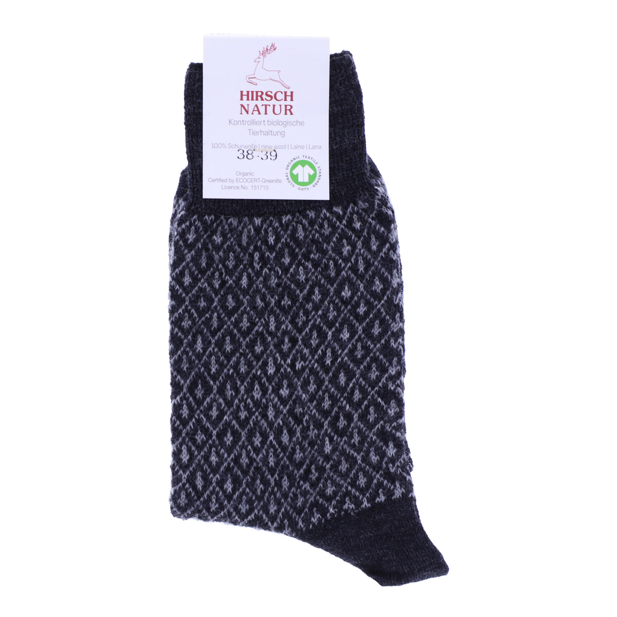 Hirsch Natur | Jacquard Socken | Schwarz-Grau | 100% Schurwolle