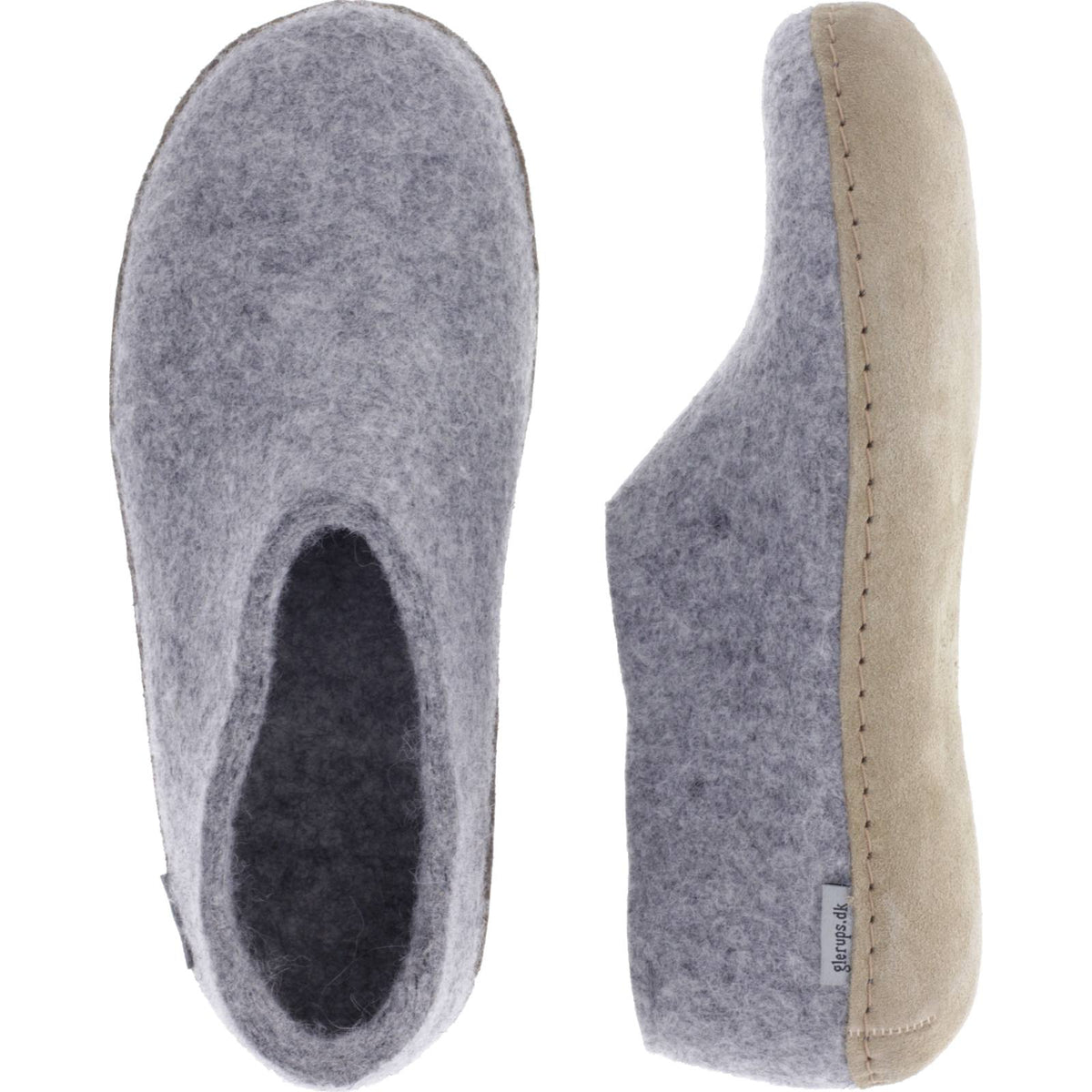 Glerups / Modell: "A" / Grey-Grau Wollfilz / Kalbsleder-Sohle / Geschlossene Hausschuhe