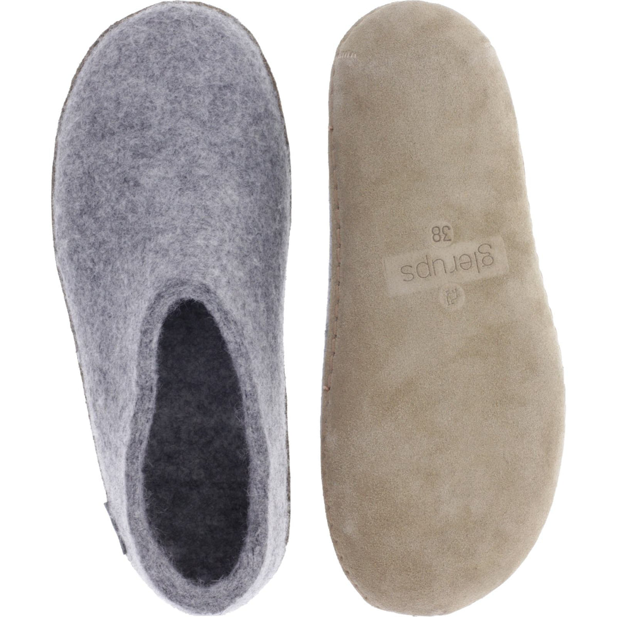 Glerups / Modell: "A" / Grey-Grau Wollfilz / Kalbsleder-Sohle / Geschlossene Hausschuhe
