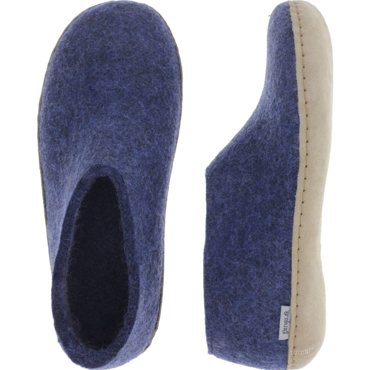 Glerups / Modell: "A" / Denim-Blau Wollfilz / Kalbsleder-Sohle / Geschlossene Hausschuhe