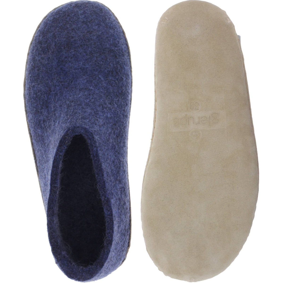 Glerups / Modell: "A" / Denim-Blau Wollfilz / Kalbsleder-Sohle / Geschlossene Hausschuhe