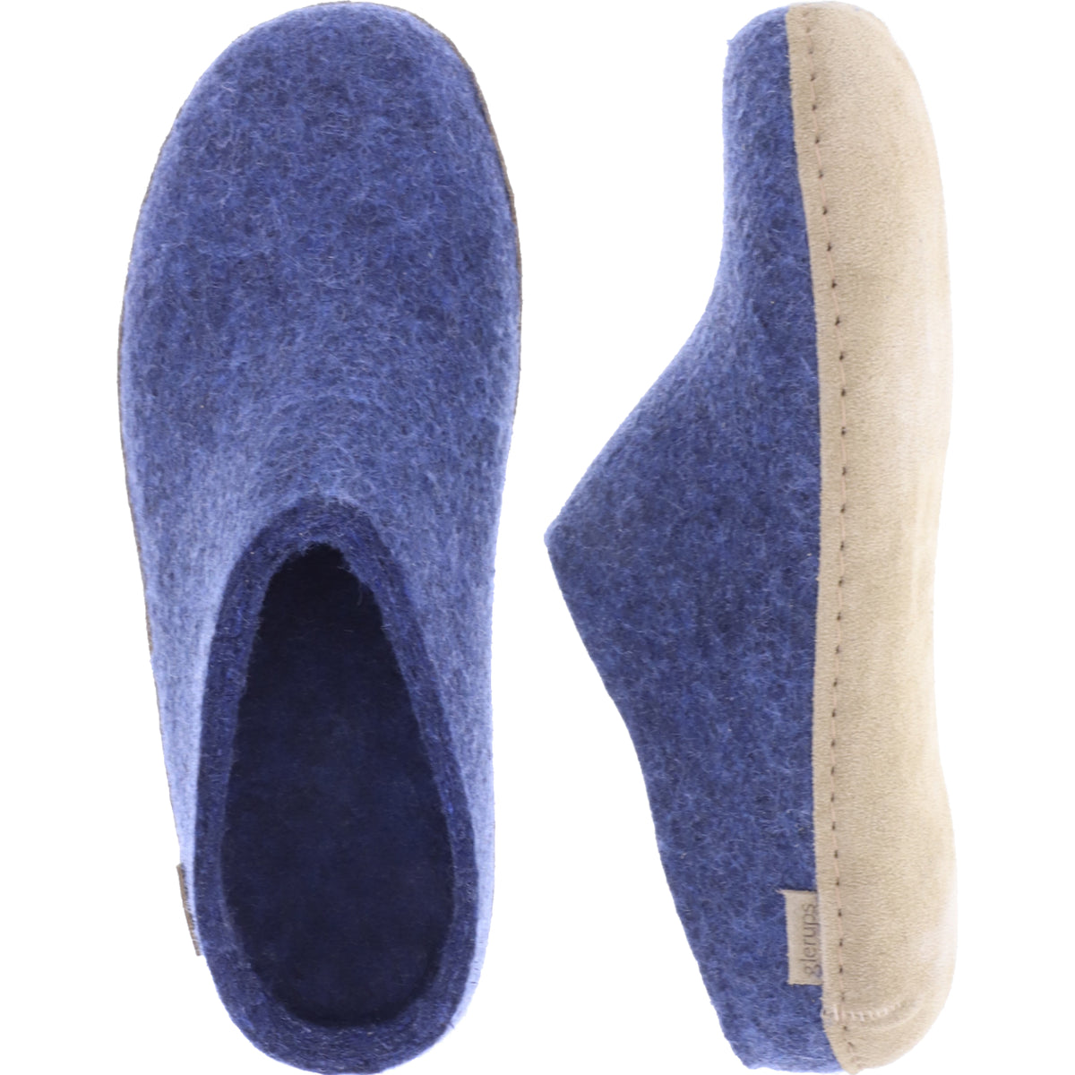 Glerups / Modell: "B" / Denim/Blau Wollfilz / Kalbsleder-Sohle / Offene Pantoffeln