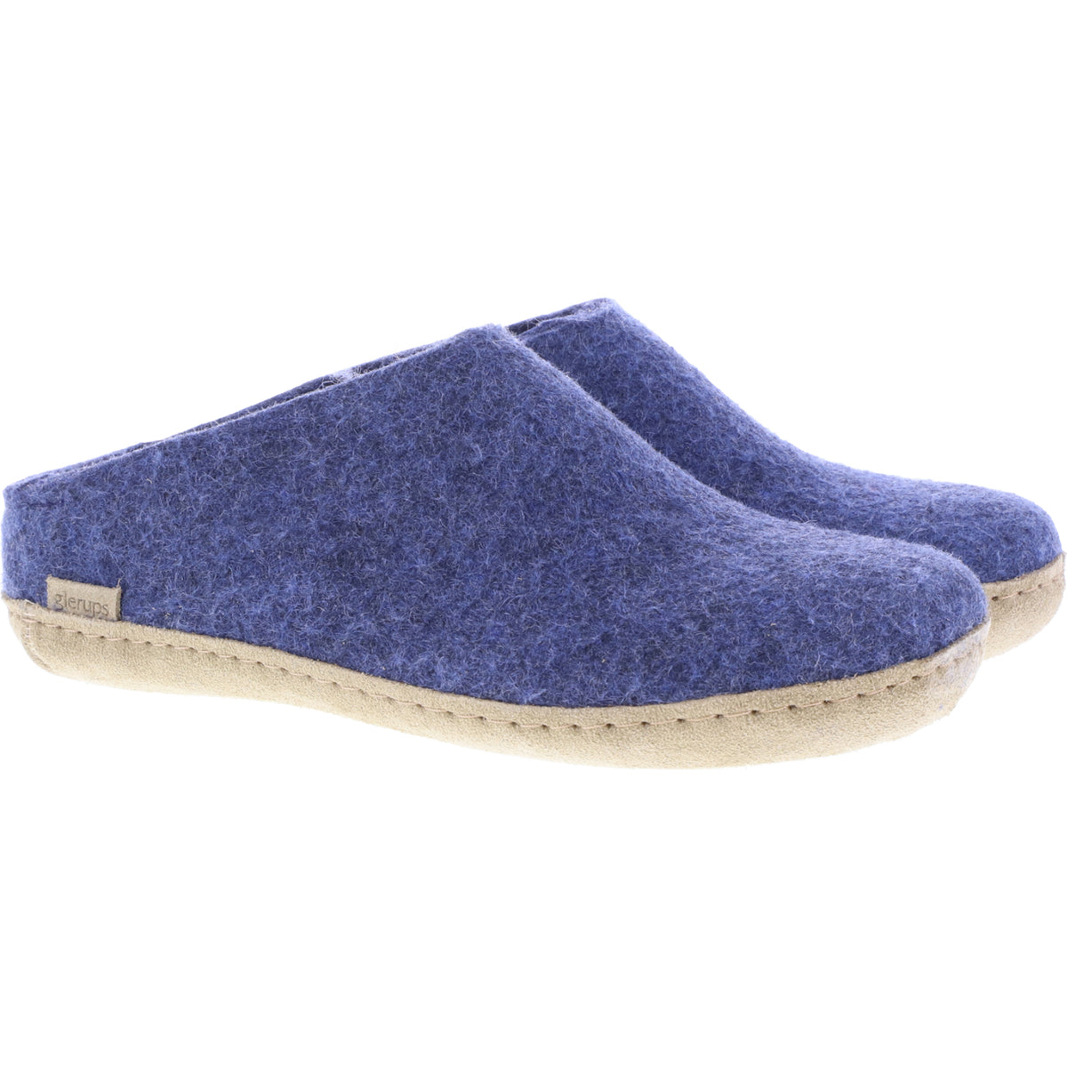 Glerups / Modell: "B" / Denim/Blau Wollfilz / Kalbsleder-Sohle / Offene Pantoffeln
