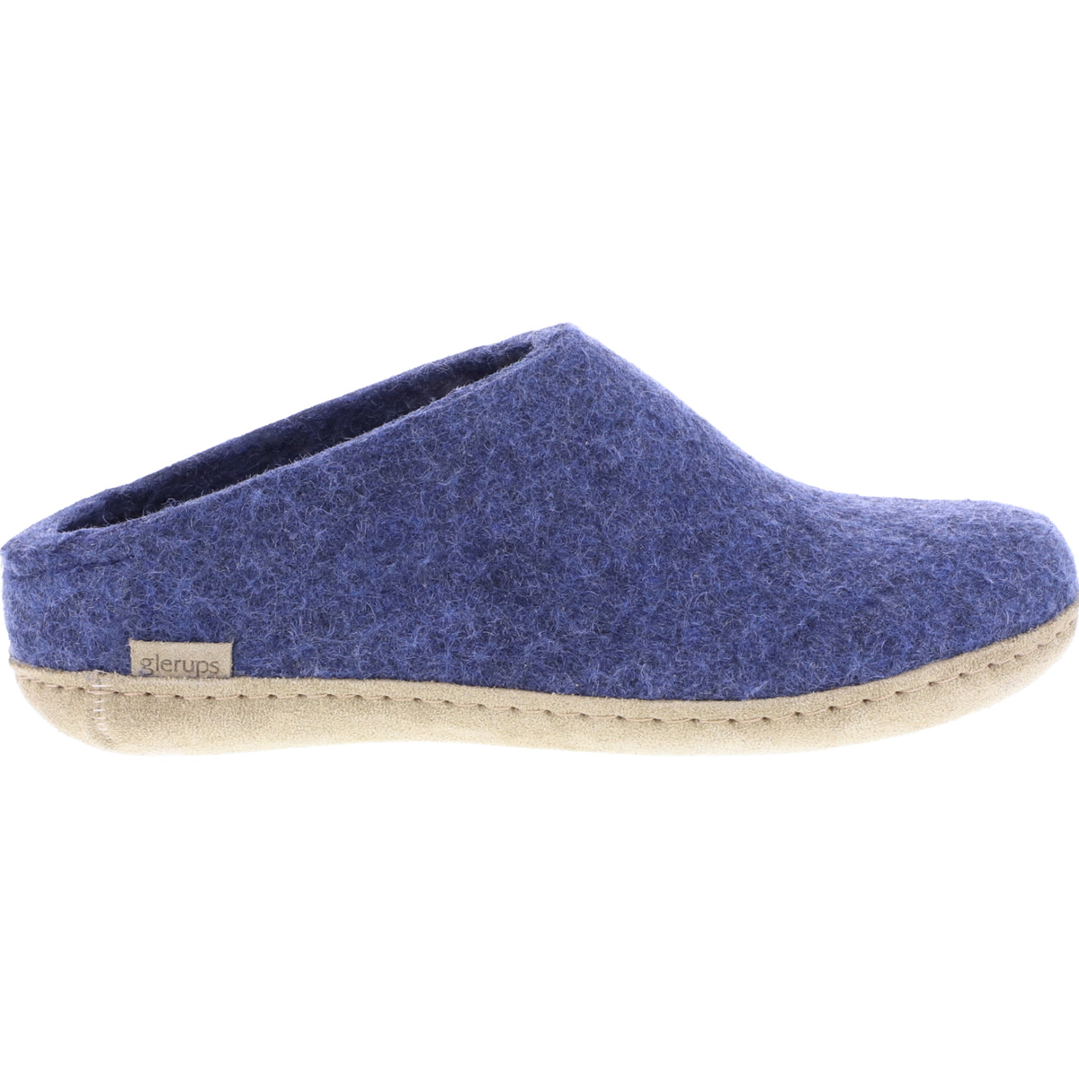 Glerups / Modell: "B" / Denim/Blau Wollfilz / Kalbsleder-Sohle / Offene Pantoffeln