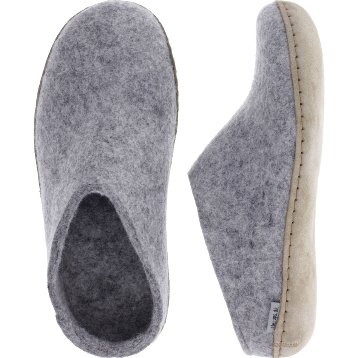 Glerups / Modell: "B" / Grey-Hellgrau Wollfilz / Kalbsleder-Sohle / Offene Pantoffeln