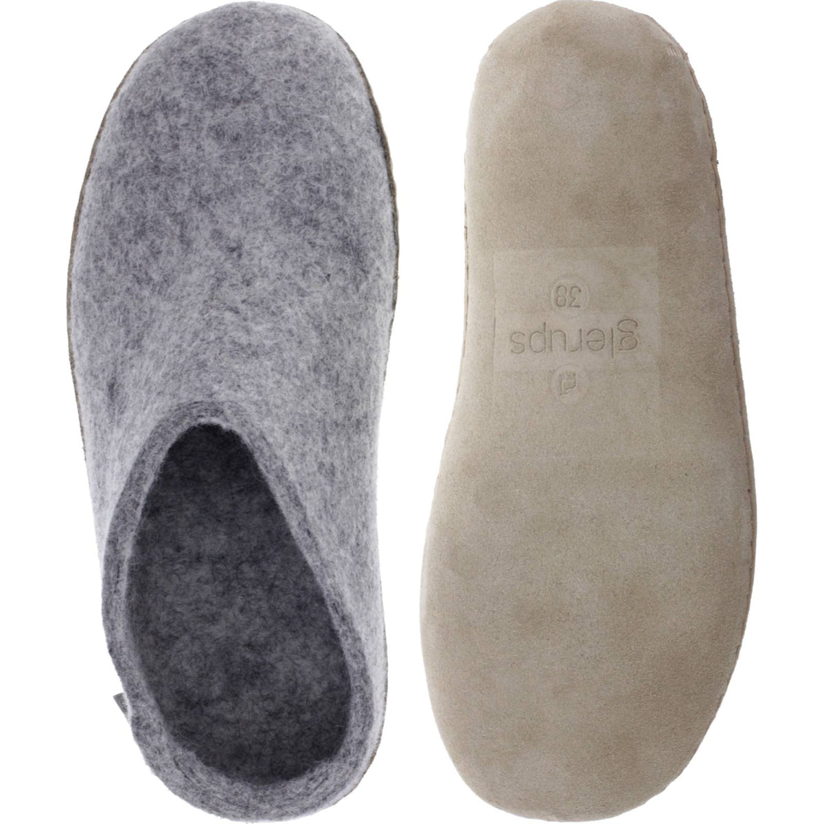 Glerups / Modell: "B" / Grey-Hellgrau Wollfilz / Kalbsleder-Sohle / Offene Pantoffeln