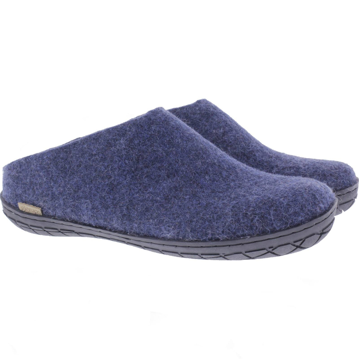 Glerups / Modell: "BR" / Denim-Blau Wollfilz / Schwarze-Sohle / Offene Pantoffeln