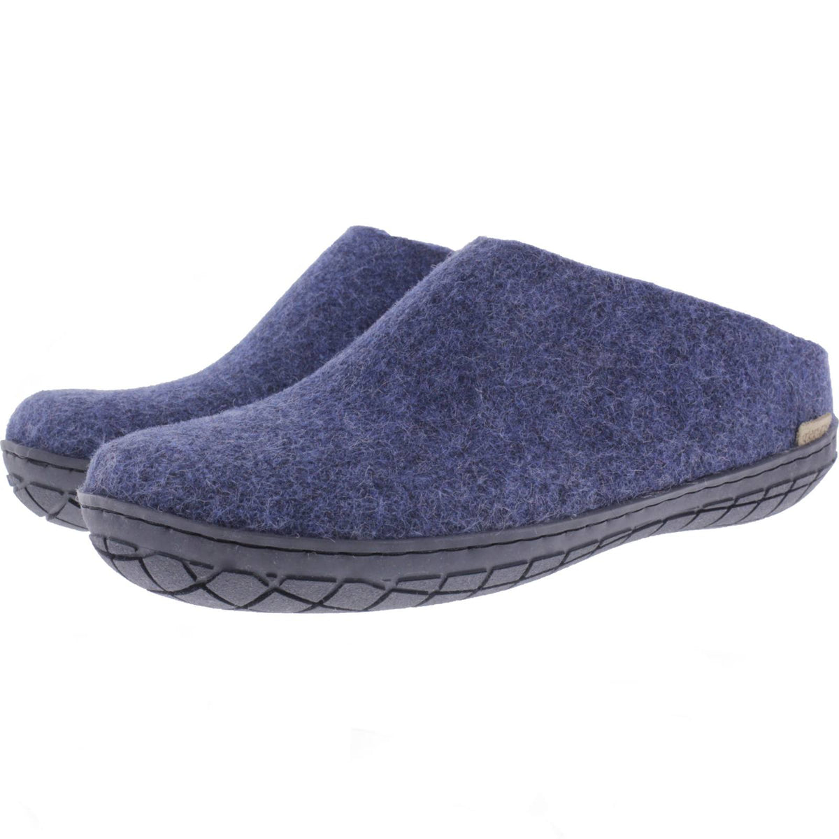 Glerups / Modell: "BR" / Denim-Blau Wollfilz / Schwarze-Sohle / Offene Pantoffeln