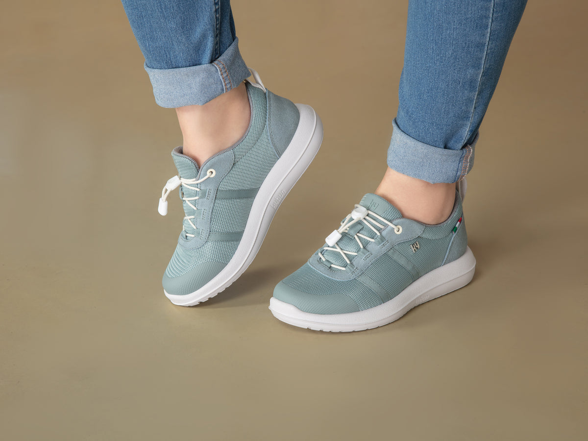 kybun / Modell: Langnau / Farbe: Green-Grau / Leder-Textil / Weite: Weit / Damen Aktiv Schnürer