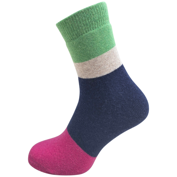 SOKKINN | Premium Socken | Wool Plüsch 4-Stripes | Night-Blau-Grün-Pink | Damen Socken