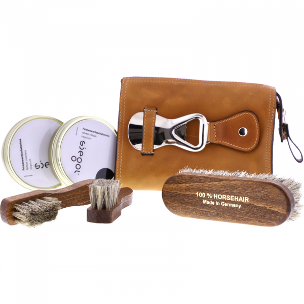 F. Hammann / Premium Schuhpflege-Tasche mit Inhalt / Cognac Stierleder / Made in Germany
