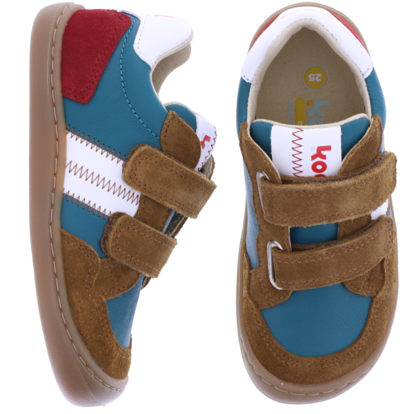 Koel Kids | Bali 3.0 | Olive-Cognac-Weiß | Leder | Kinder Barfußschuhe mit Klett