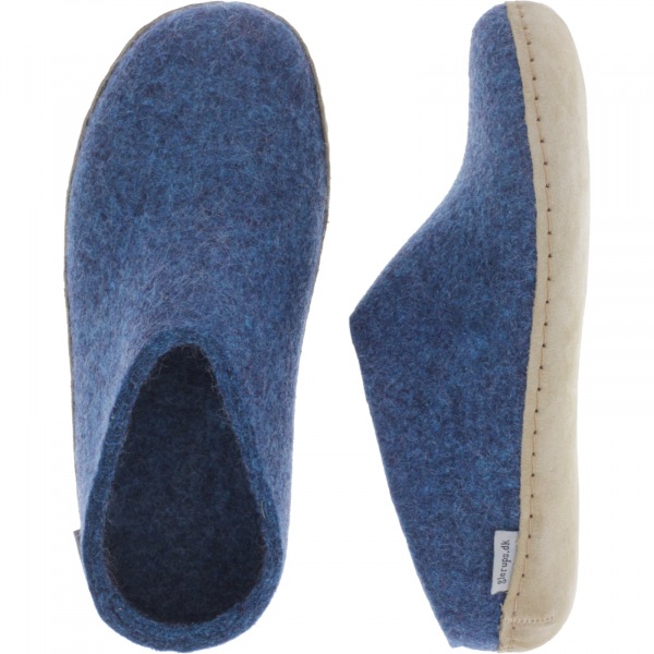 Glerups / Modell: "B" / Petrol-Blau Wollfilz / Kalbsleder-Sohle / Offene Pantoffeln