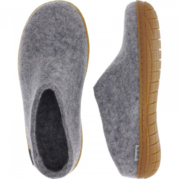Glerups / Modell: "BR" / Grey-Hellgrau Wollfilz / Naturkautschuk-Sohle / Offene Pantoffeln
