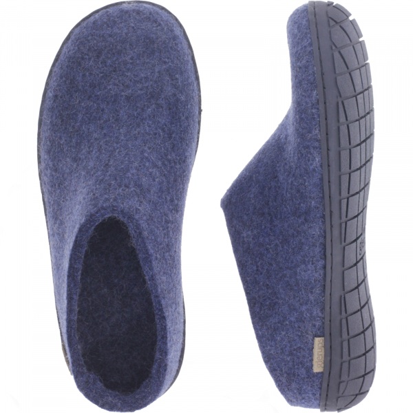 Glerups / Modell: "BR" / Denim-Blau Wollfilz / Schwarze-Sohle / Offene Pantoffeln