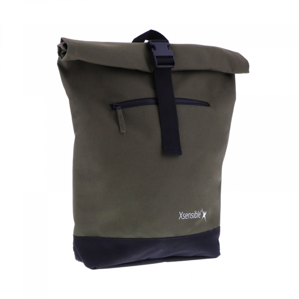 Xsensible / Modell: Roll-Top Backpack Rucksack / Khaki-Schwarz / 100% recycelter Polyester