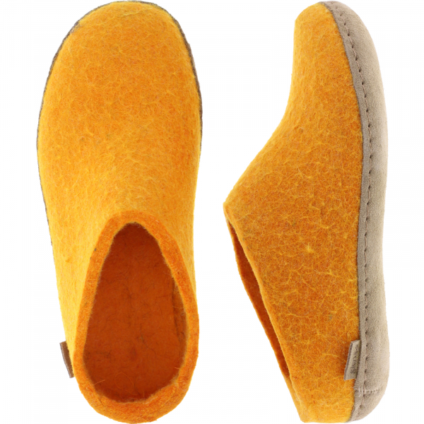 Glerups / Modell: "B" / Orange Wollfilz / Kalbsleder-Sohle / Offene Pantoffeln