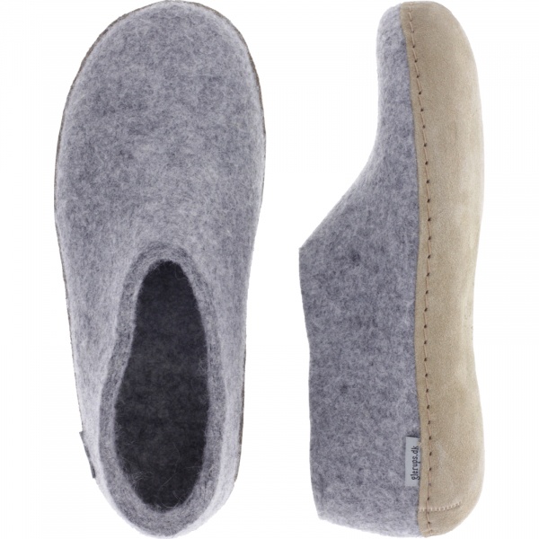 Glerups / Modell: "A" / Grey-Grau Wollfilz / Kalbsleder-Sohle / Geschlossene Hausschuhe