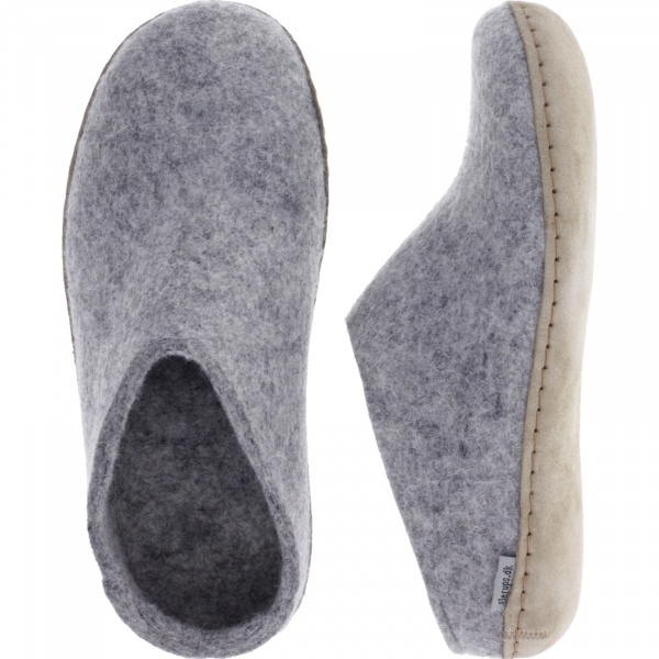 Glerups / Modell: "B" / Grey-Hellgrau Wollfilz / Kalbsleder-Sohle / Offene Pantoffeln