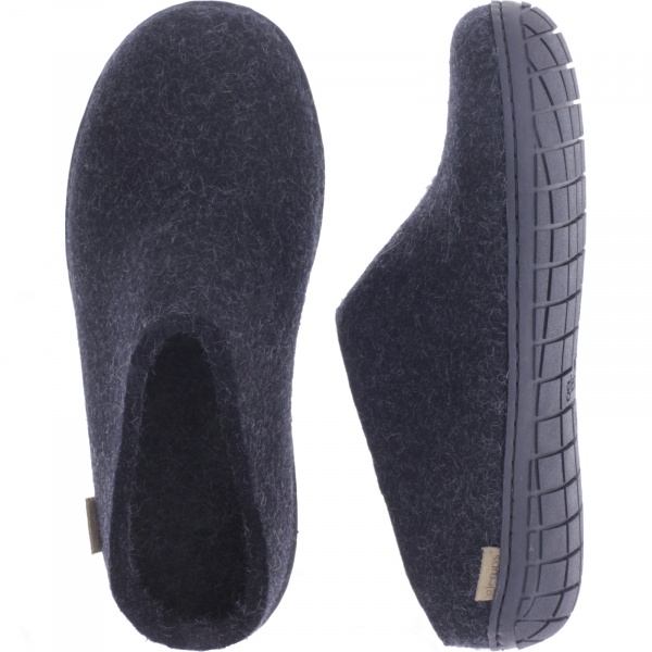 Glerups / Modell: "BR" / Charcoal-Schwarz Wollfilz / Schwarze-Sohle / Offene Pantoffeln