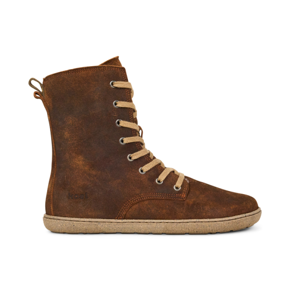 Koel | Faro | Cognac Antik | Veloursleder mit Wollfutter | Damen Barfußstiefel